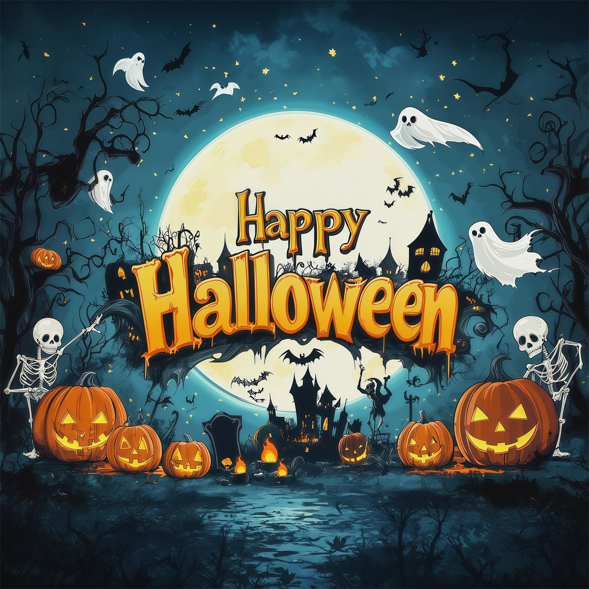 Décor De Fond Pour Photomaton Halloween Squelette Citrouille LuneFête D'Halloween RR67-120