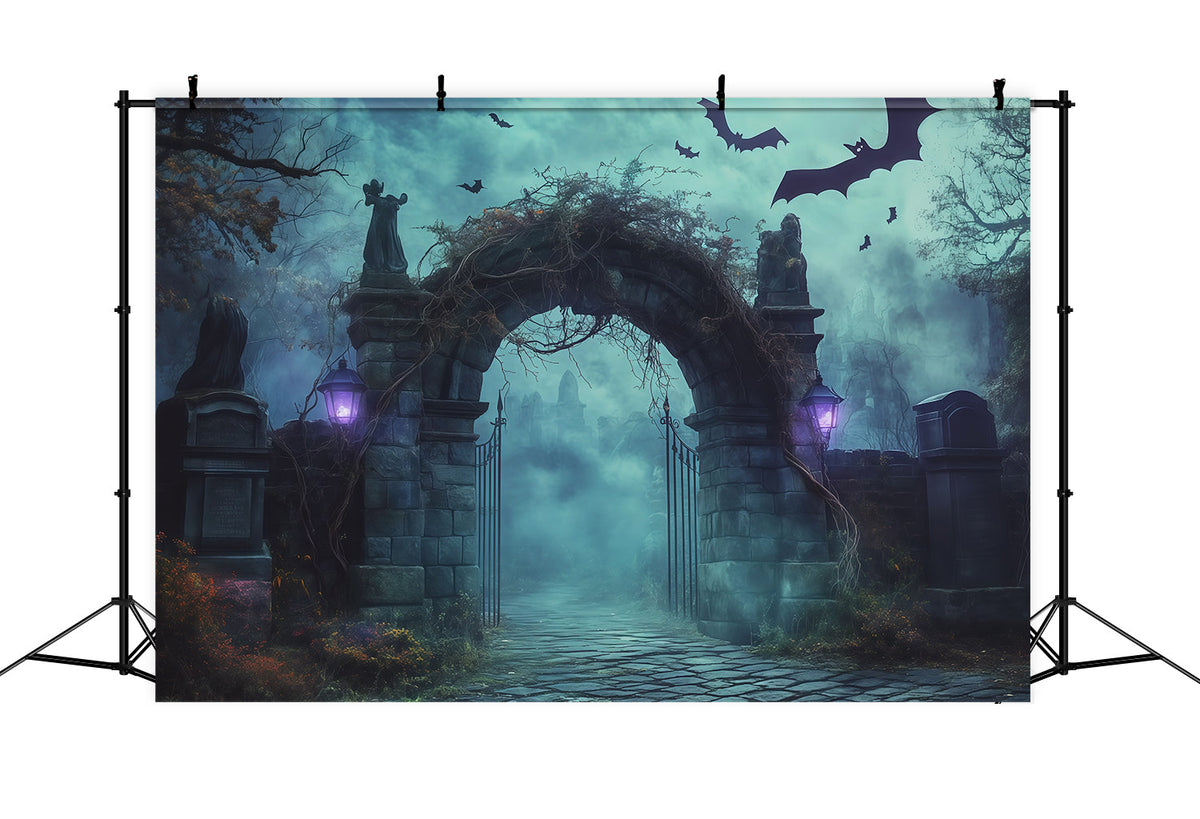 Décor Photo D'Halloween En Extérieur Arche De PieRRe Dans Un Cimetière Brumeux RR67-121