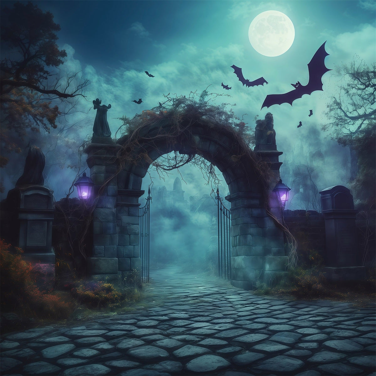 Décor Photo D'Halloween En Extérieur Arche De PieRRe Dans Un Cimetière Brumeux RR67-121