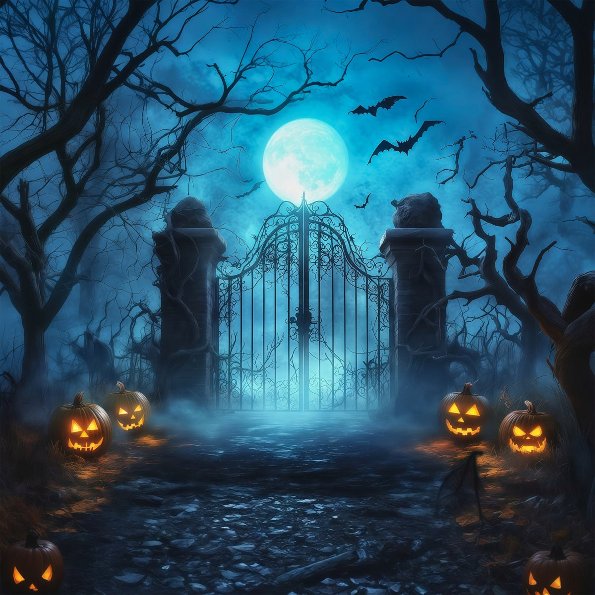 Décor D'Halloween EffrayantPorte De Cimetière Brumeuse Au Clair De Lune RR67-124