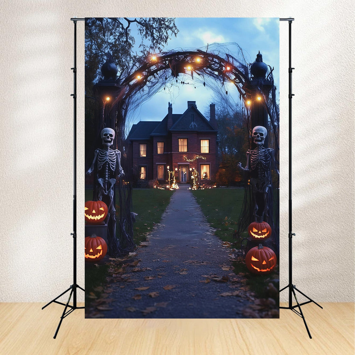 Toile De Fond D'Halloween En Tissu Arche De Squelettes Et Chemin De Citrouilles R67-129