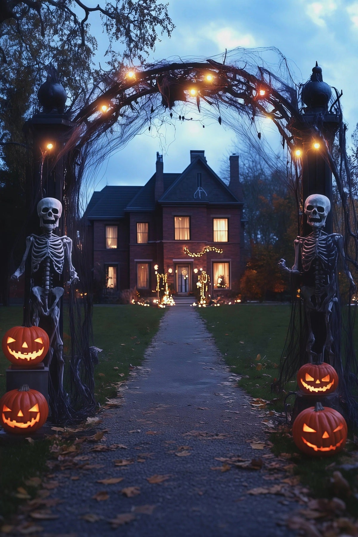 Toile De Fond D'Halloween En Tissu Arche De Squelettes Et Chemin De Citrouilles R67-129