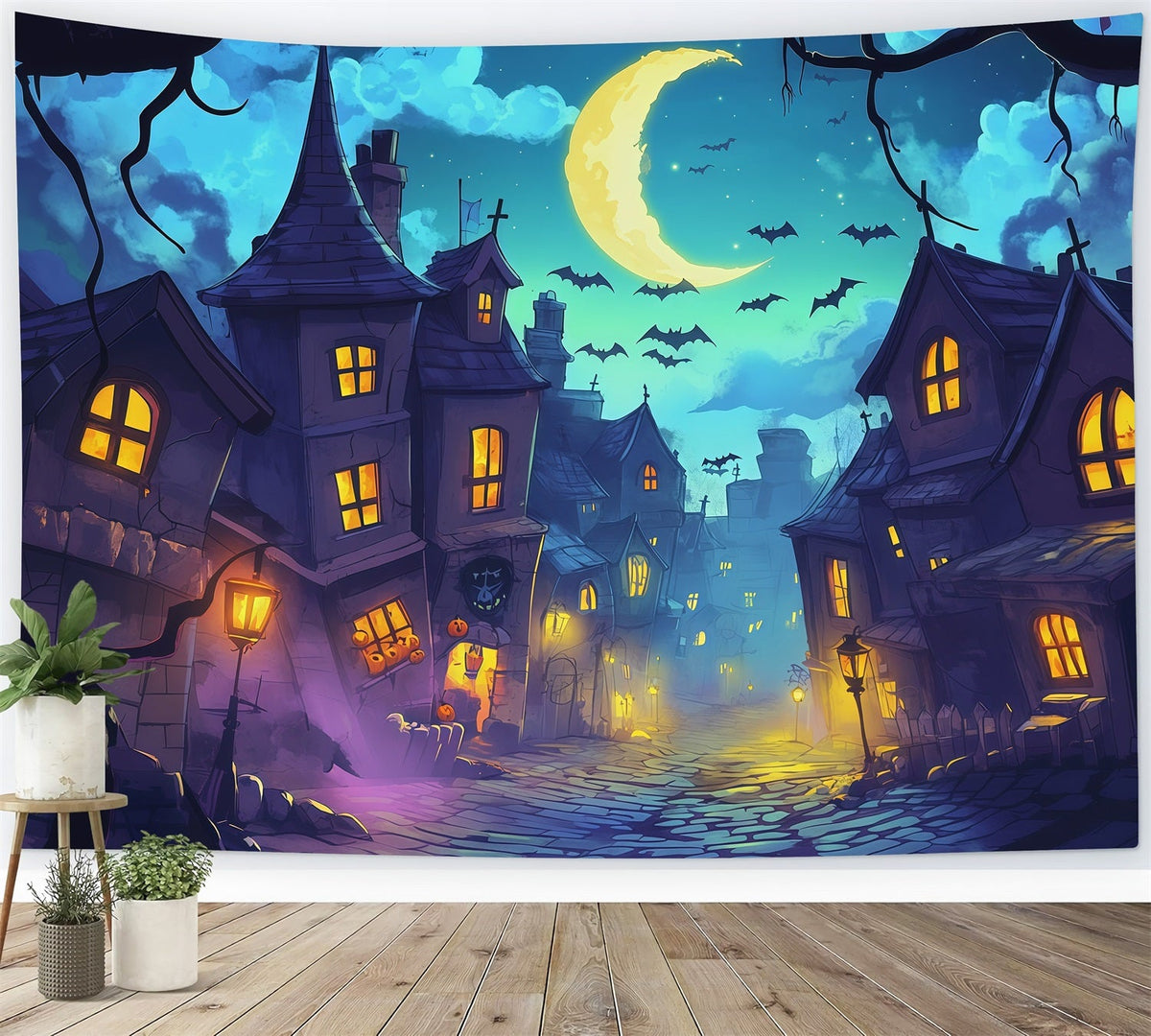 Toiles De Fond Photographiques Pour Halloween Rue Sinueuse Au Clair De Lune Décor De Village D'Halloween RR67-136
