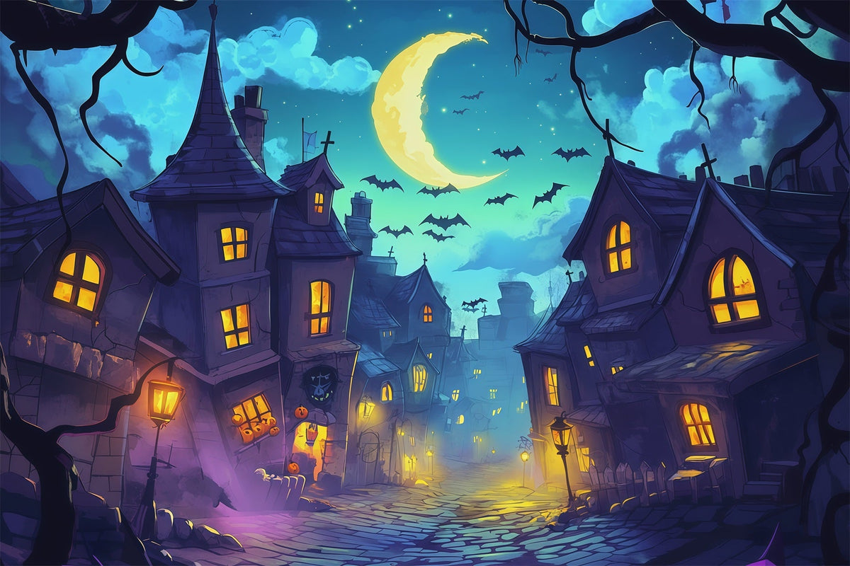Toiles De Fond Photographiques Pour Halloween Rue Sinueuse Au Clair De Lune Décor De Village D'Halloween RR67-136