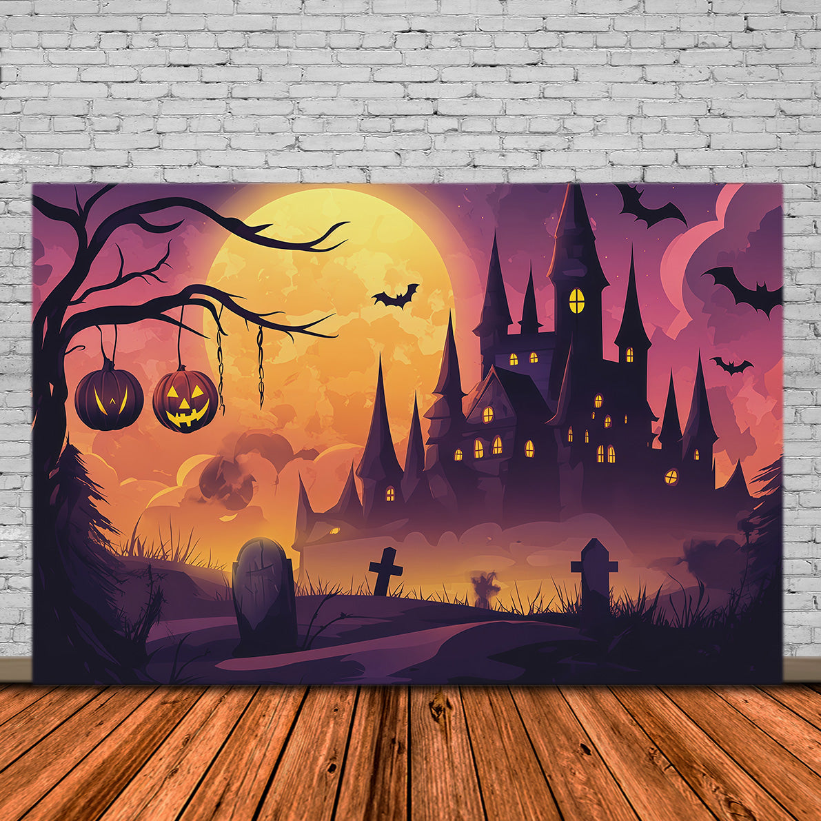 Décor D'Halloween Simple Clair De Lune Citrouille Château CimetièreTrès Grand Décor D'Halloween RR67-147