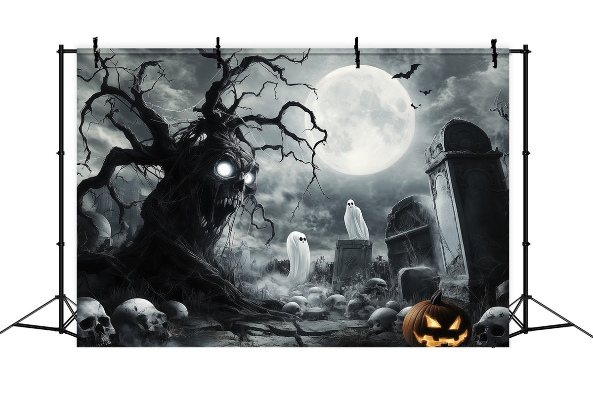 Décor De Cimetière Effrayant Pour Halloween Avec Crâne Fantomatique Et Arbre RR67-18