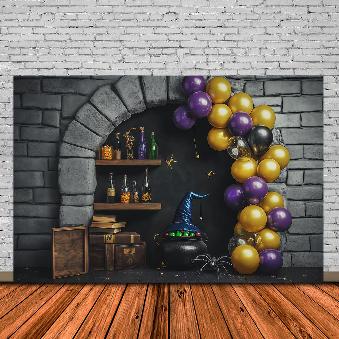 Décor De Mur En Pierre Potion De Sorcière D'Halloween Alcôve Avec Ballons Décor De Magicien RR67-193
