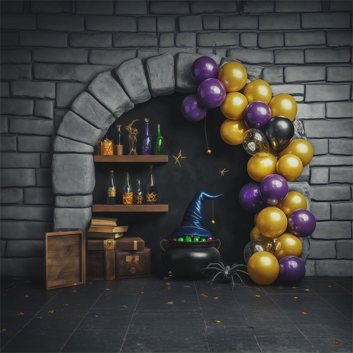 Décor De Mur En Pierre Potion De Sorcière D'Halloween Alcôve Avec Ballons Décor De Magicien RR67-193