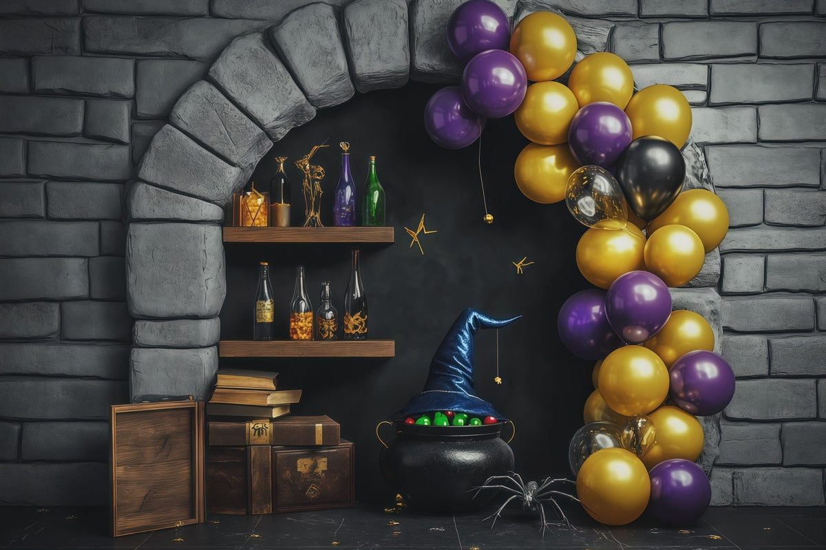 Décor De Mur En Pierre Potion De Sorcière D'Halloween Alcôve Avec Ballons Décor De Magicien RR67-193
