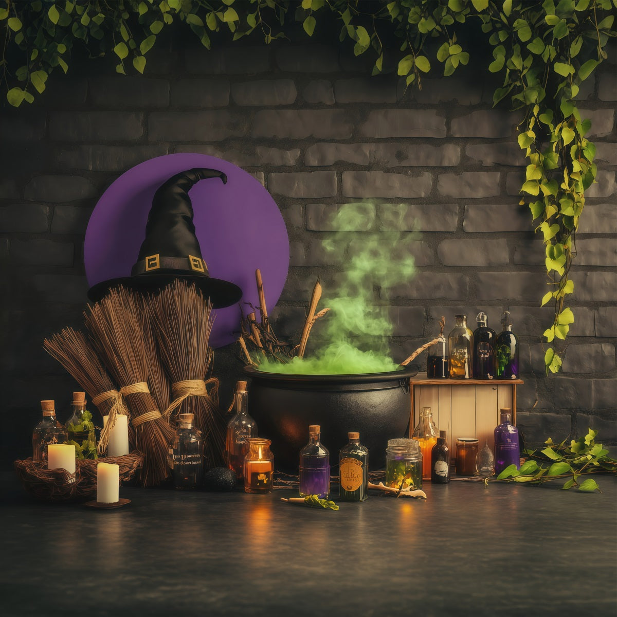 Décor De Mur De Briques Atelier De Potions De Sorcière Bouillonnantes Pour Halloween Décors RR67-199