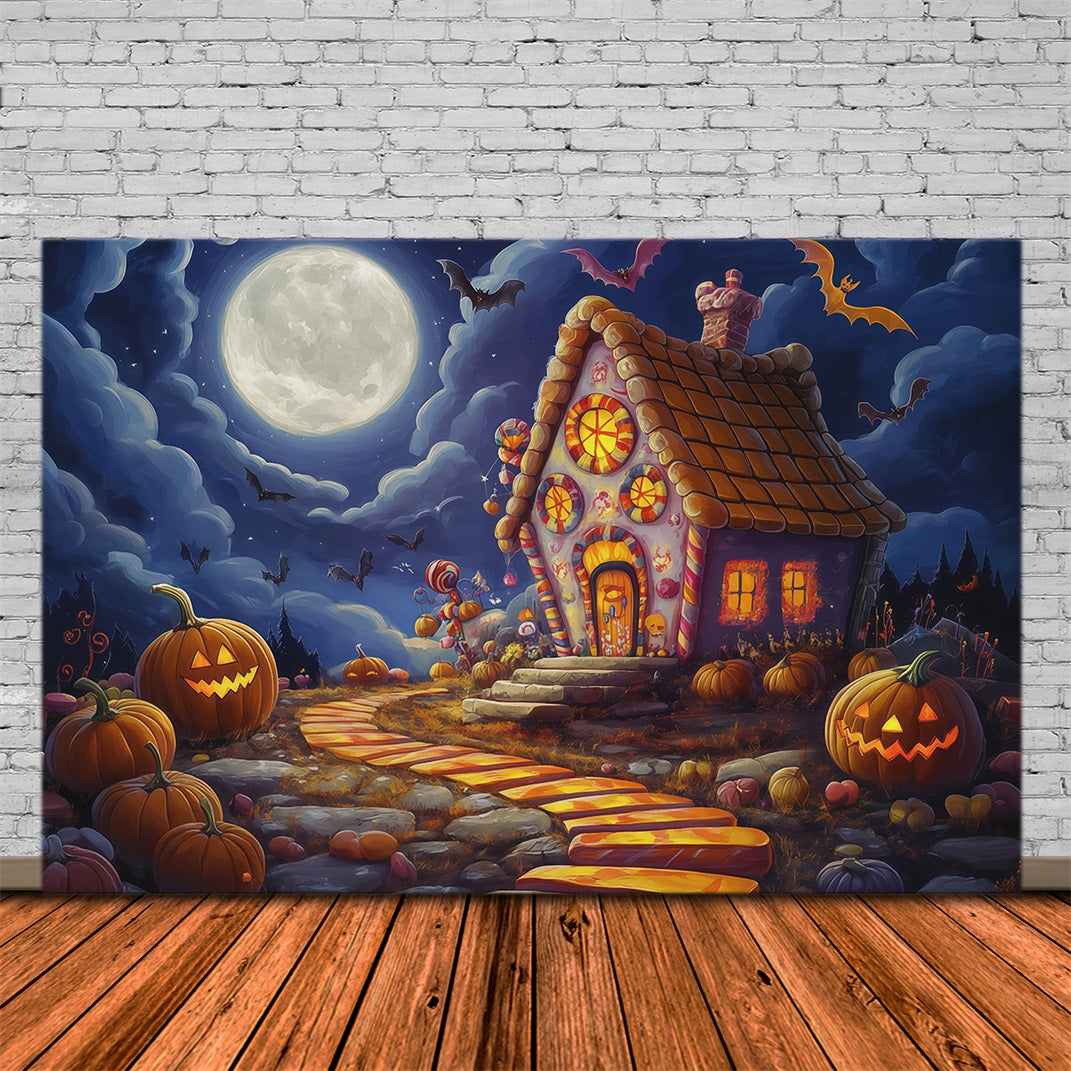 Décor D'Halloween Pour Photomaton Maison De Bonbons Au Clair De Lune Citrouilles Décor RR67-23