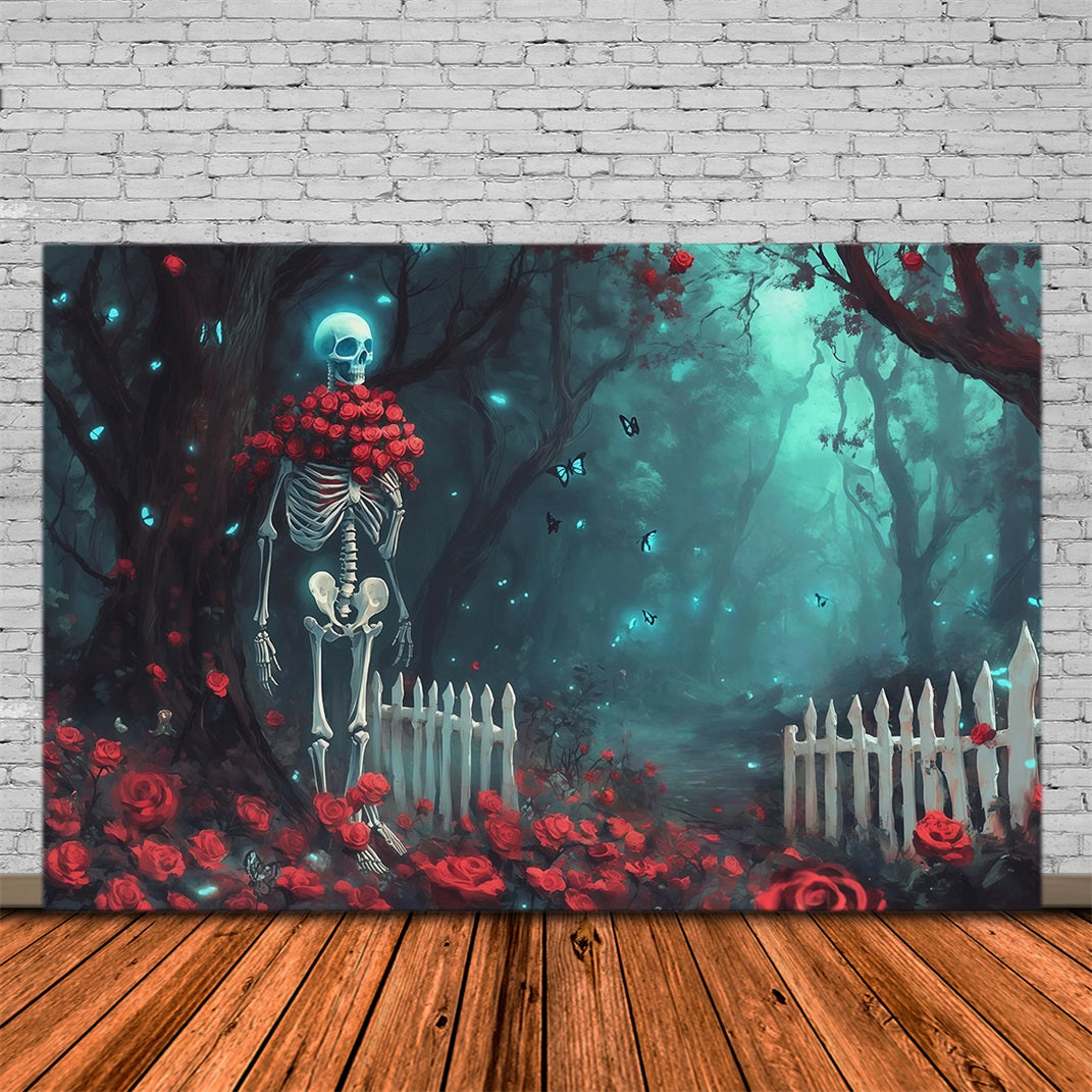 Toile De Fond En Tissu Pour Halloween Chemin Forestier De Roses Et Squelettes RR67-29