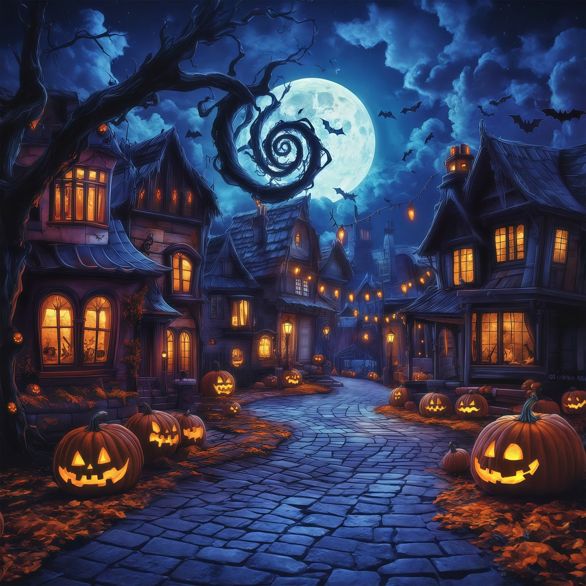 Décors Photographiques D'Halloween Village HantéRue Des Citrouilles Décor De Ville D'Halloween RR67-37