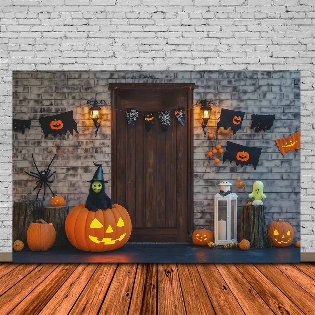 Décor De Porte En Briques Et Citrouilles Pour Photos D'Halloween RR67-4