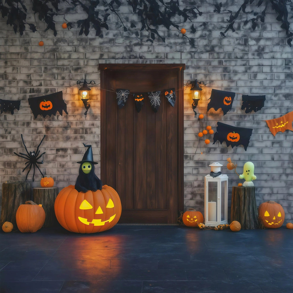 Décor De Porte En Briques Et Citrouilles Pour Photos D'Halloween RR67-4