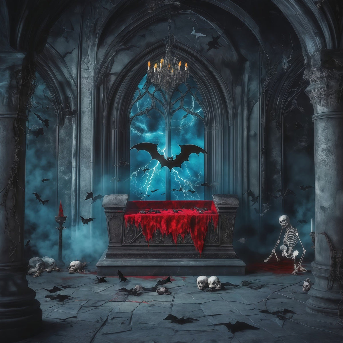 Décor De Scène D'Halloween Cercueil Gothique Squelette Chauves-Souris RR67-46