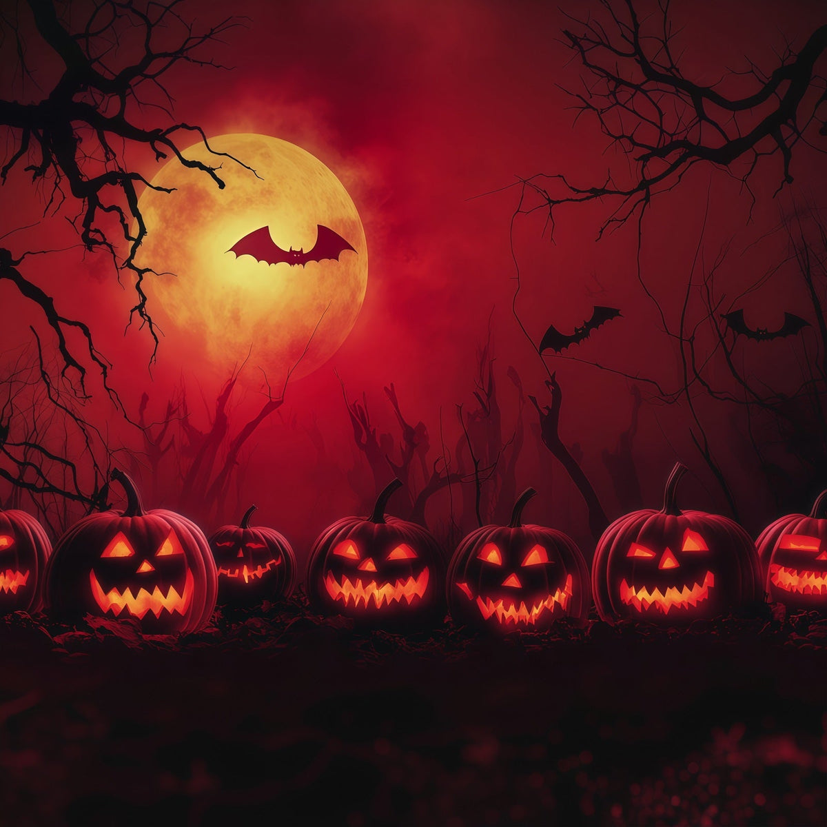 Décor D'Halloween Simple Avec Lune Rouge Citrouille Et Chauves-SourisTrès Grand Modèle RR67-48
