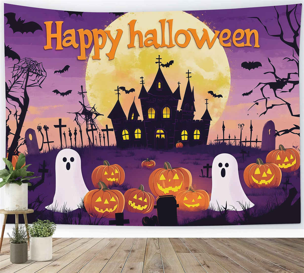 Décor De Fond Pour Fête D'Halloween Citrouilles Fantômes Et Lune Violette RR67-51