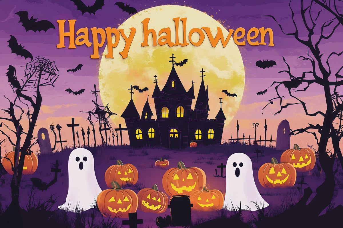 Décor De Fond Pour Fête D'Halloween Citrouilles Fantômes Et Lune Violette RR67-51