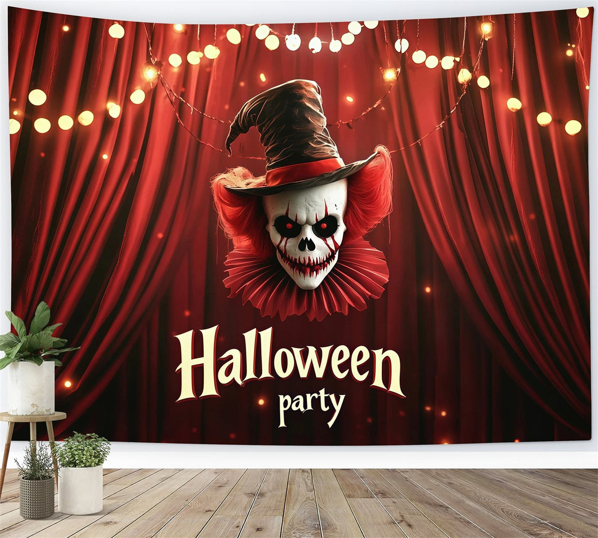 Décor De Fête D'Halloween Crâne De Clown Rideau Rouge Fond Pour Photomaton D'Halloween RR67-57