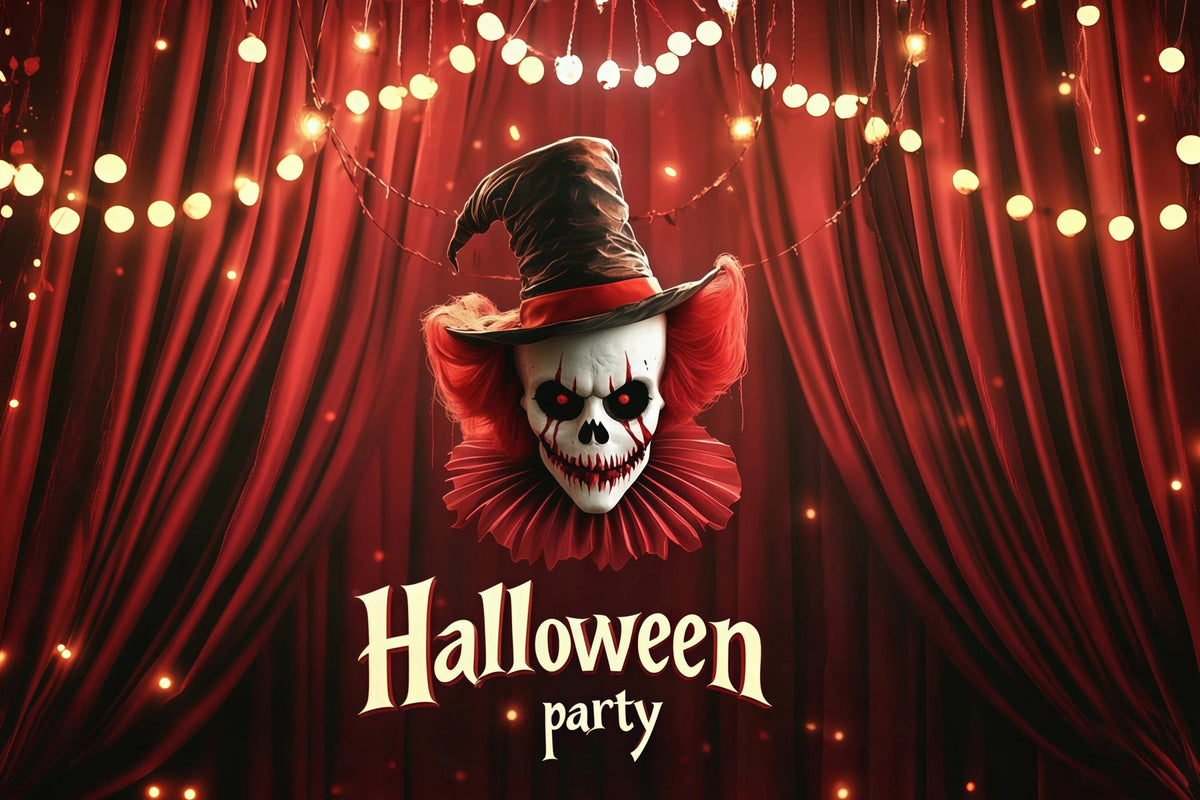 Décor De Fête D'Halloween Crâne De Clown Rideau Rouge Fond Pour Photomaton D'Halloween RR67-57