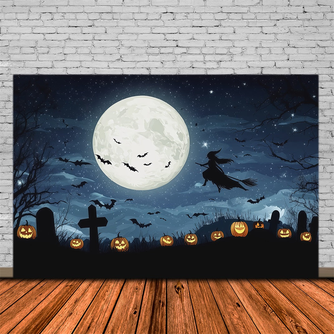 Décor De Lune D'Halloween Cimetière De Sorcières Au Clair De Lune Citrouilles Décors Photo D'Halloween RR67-58