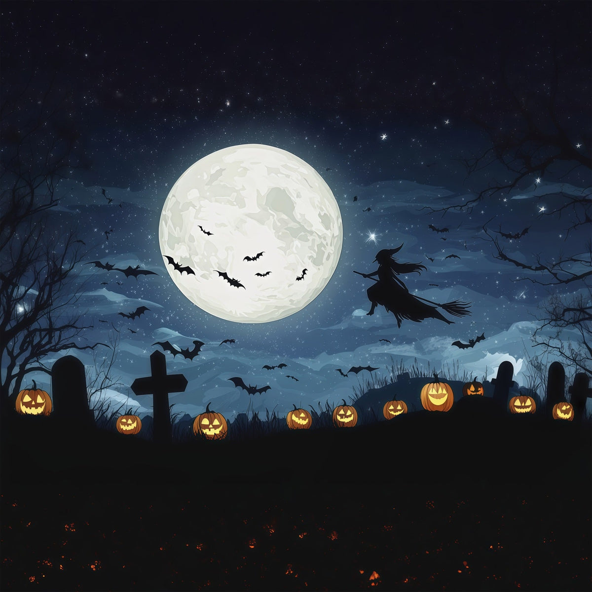 Décor De Lune D'Halloween Cimetière De Sorcières Au Clair De Lune Citrouilles Décors Photo D'Halloween RR67-58