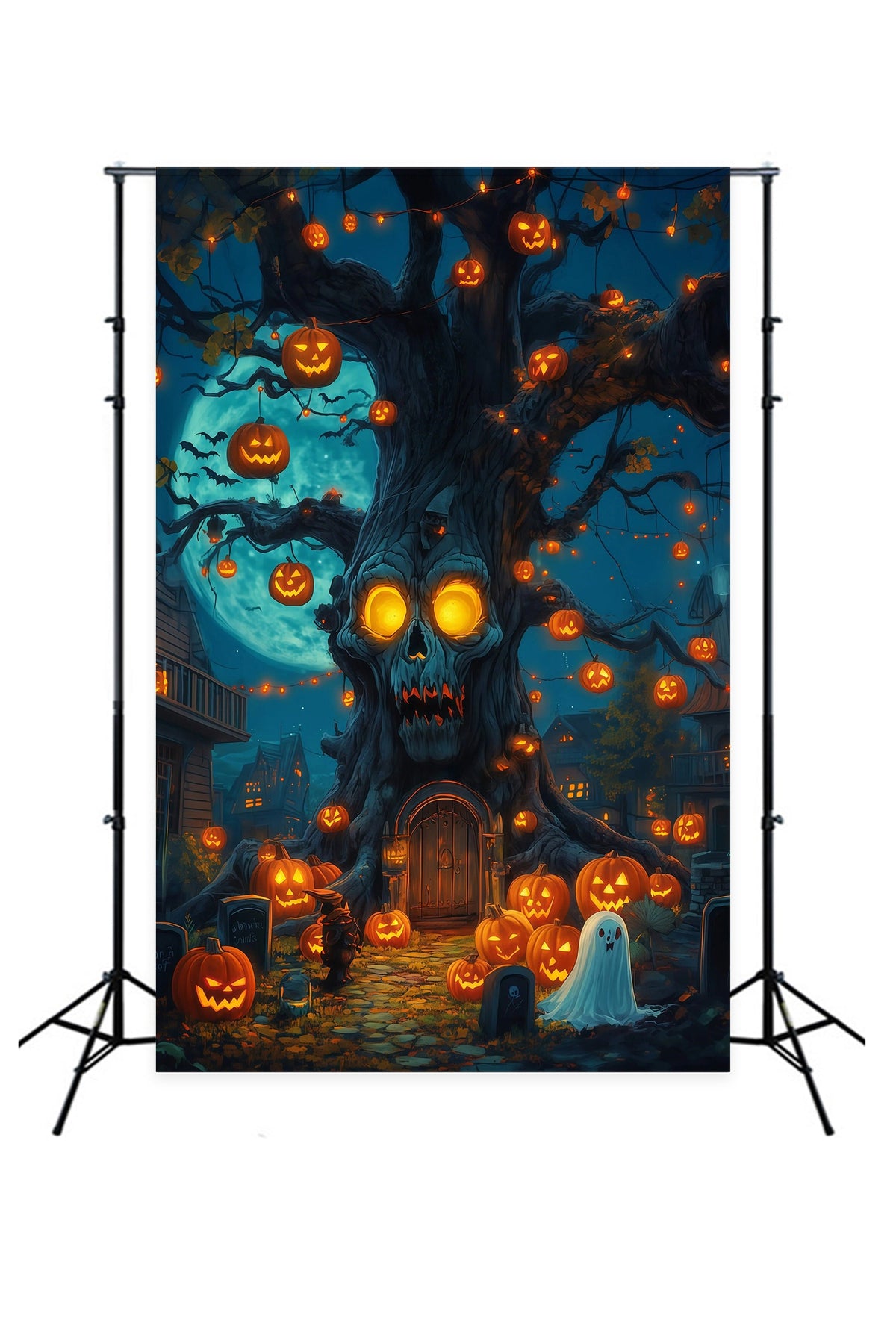 Décor De Fond Extérieur Pour Halloween Crâne Arbre Citrouilles Lanternes Décor Effrayant RR67-59