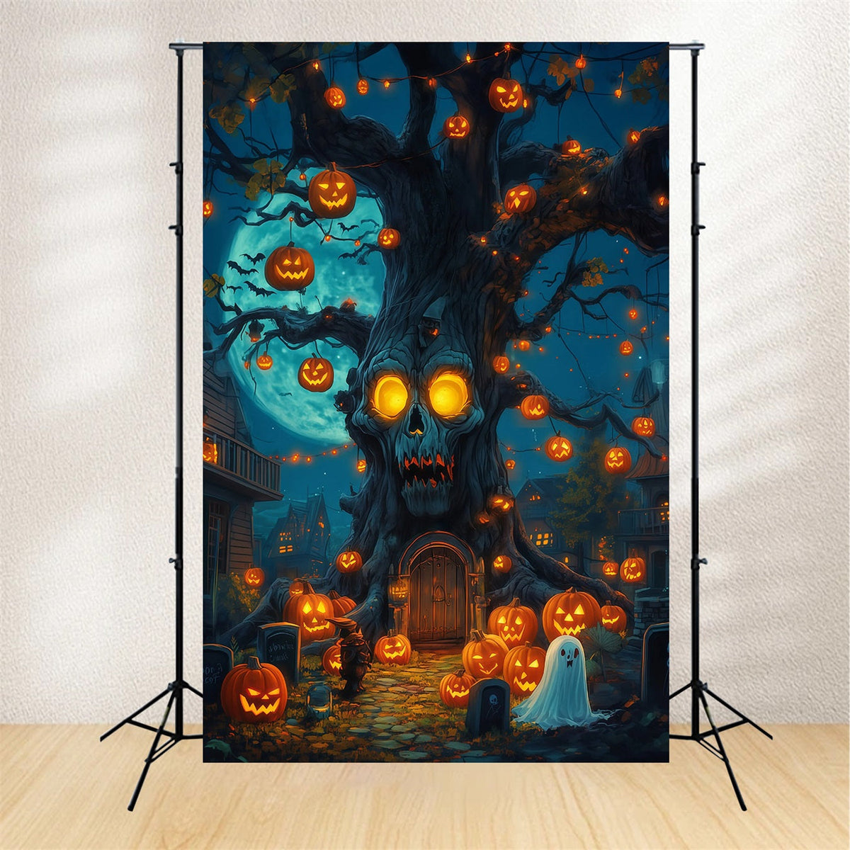 Décor De Fond Extérieur Pour Halloween Crâne Arbre Citrouilles Lanternes Décor Effrayant RR67-59