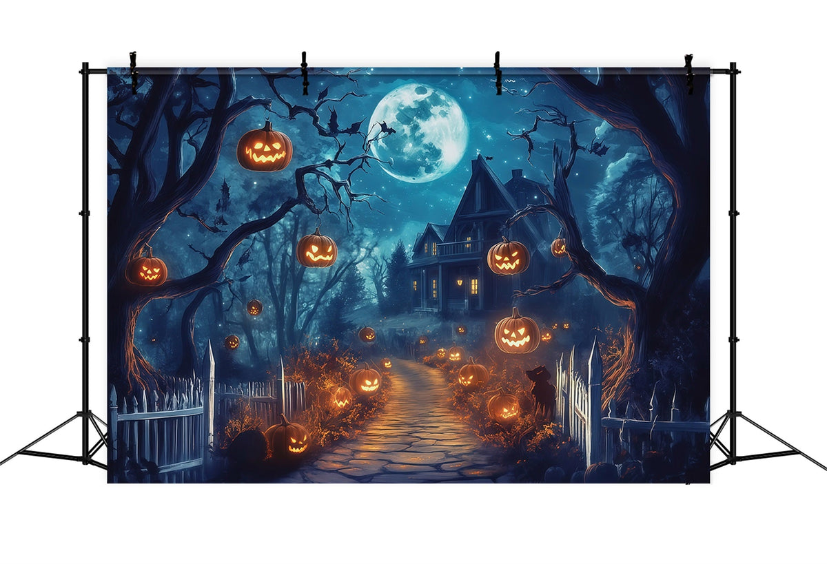 Décor Extérieur D'Halloween Avec Maison Et Citrouilles Éclairées Au Clair De LuneRR67-61
