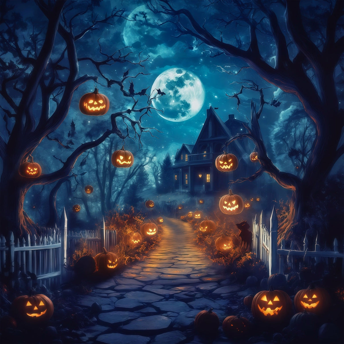 Décor Extérieur D'Halloween Avec Maison Et Citrouilles Éclairées Au Clair De LuneRR67-61