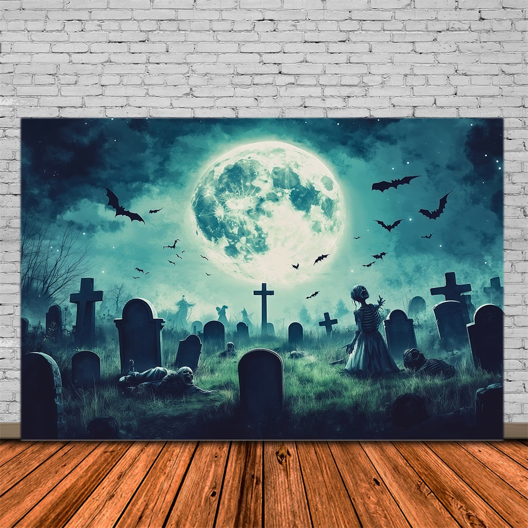 Décor De Cimetière Personnalisé Pour Halloween Cimetière De Zombies Au Clair De Lune Avec Chauves-Souris RR67-64