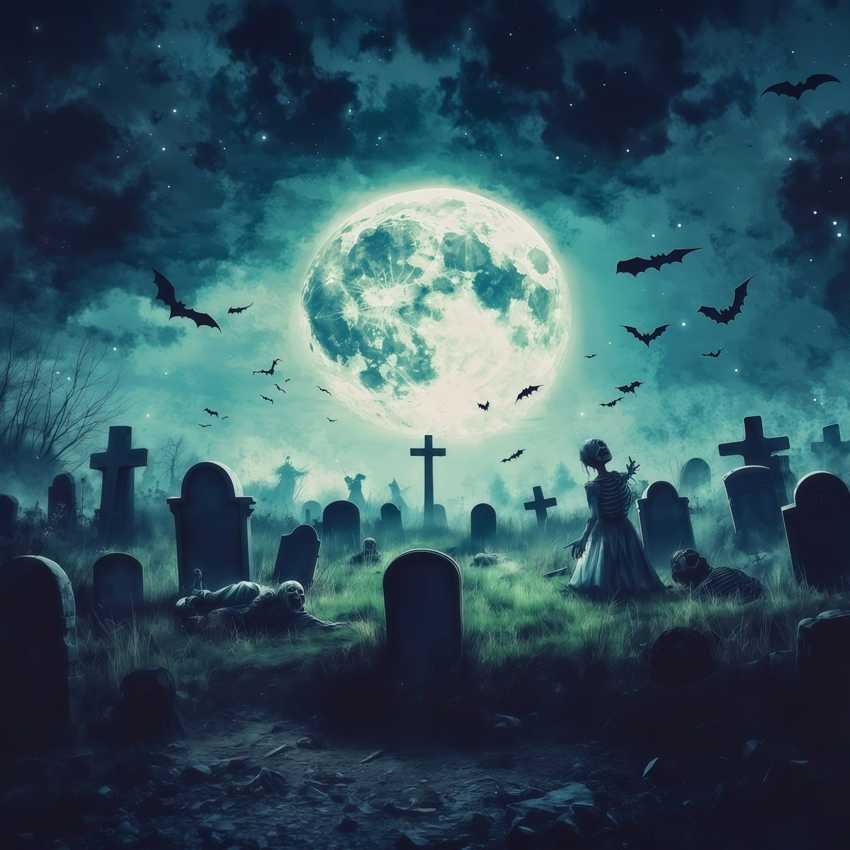 Décor De Cimetière Personnalisé Pour Halloween Cimetière De Zombies Au Clair De Lune Avec Chauves-Souris RR67-64