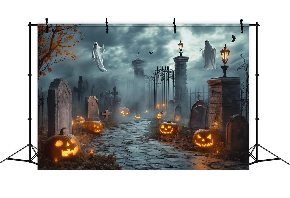 Décor D'Halloween Avec Fantômes Portail De Cimetière Fantomatique Et Citrouilles Décor RR67-68