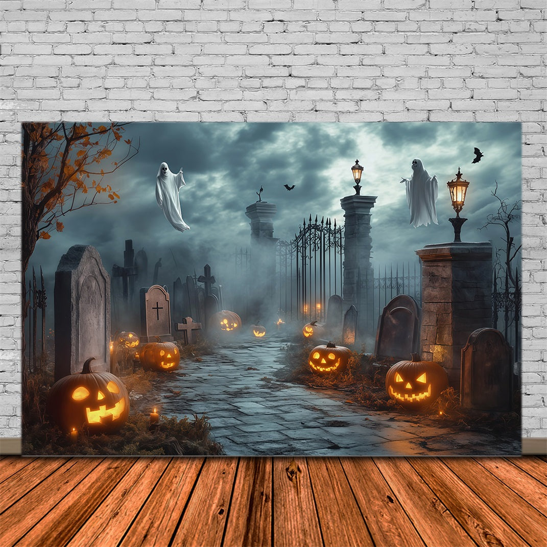 Décor D'Halloween Avec Fantômes Portail De Cimetière Fantomatique Et Citrouilles Décor RR67-68