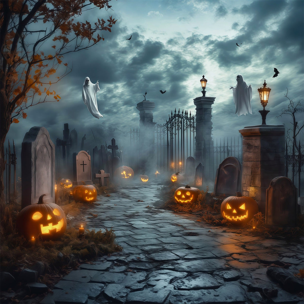 Décor D'Halloween Avec Fantômes Portail De Cimetière Fantomatique Et Citrouilles Décor RR67-68
