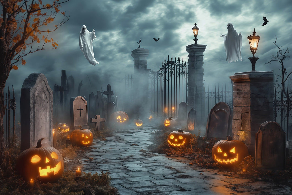 Décor D'Halloween Avec Fantômes Portail De Cimetière Fantomatique Et Citrouilles Décor RR67-68
