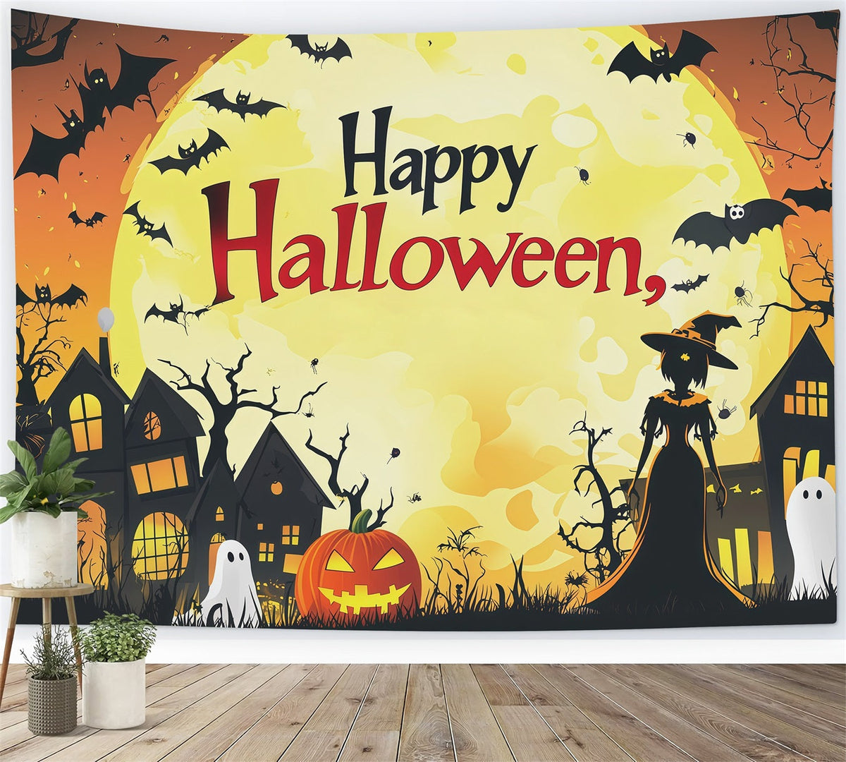 Décor De Cabine Photo Halloween Lune Orange Ville Des Sorcières RR67-70