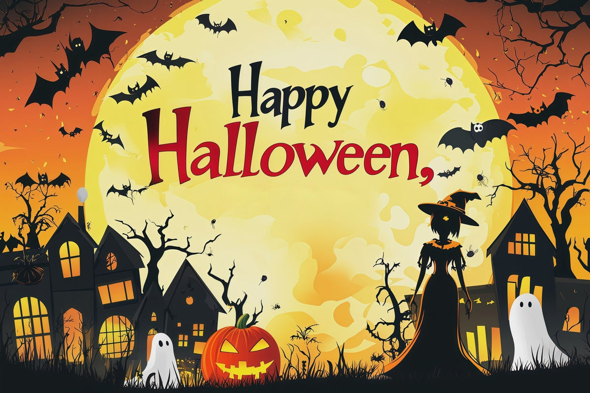 Décor De Cabine Photo Halloween Lune Orange Ville Des Sorcières RR67-70
