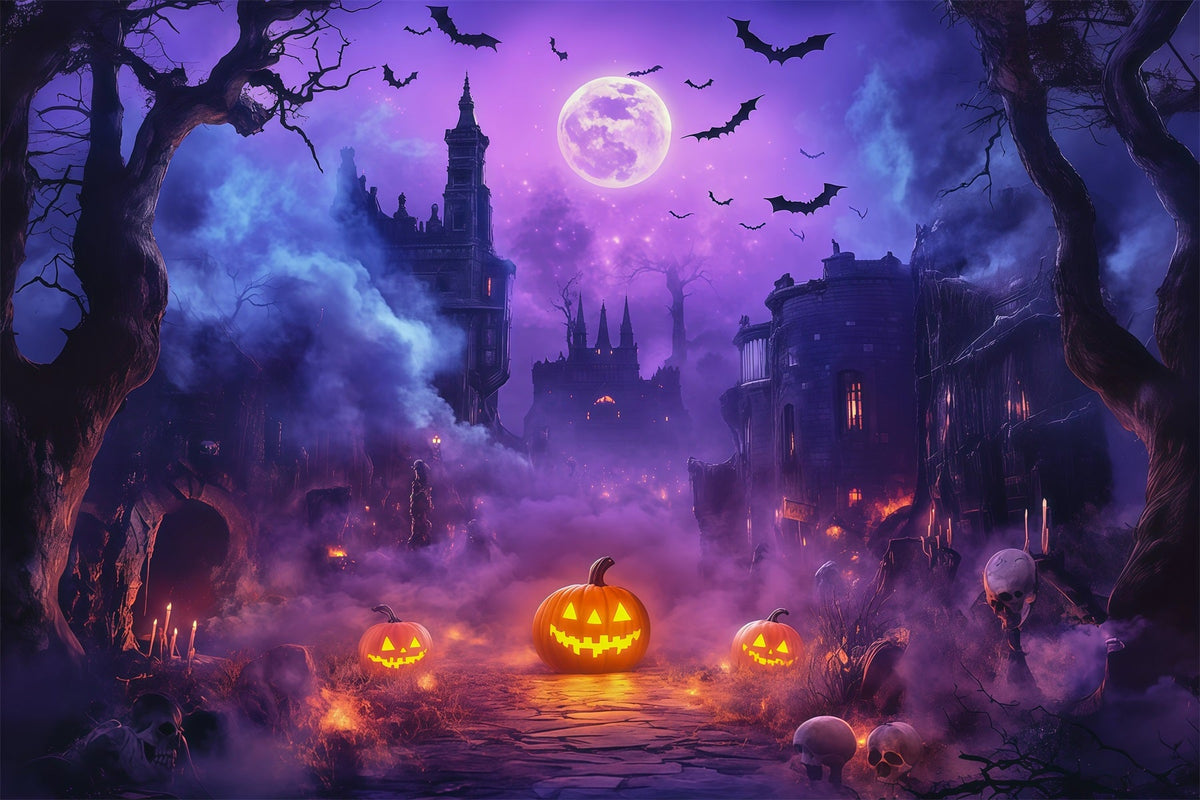 Décor Photo Extérieur D'Halloween Château De Citrouilles Et Lune Violettes RR67-71