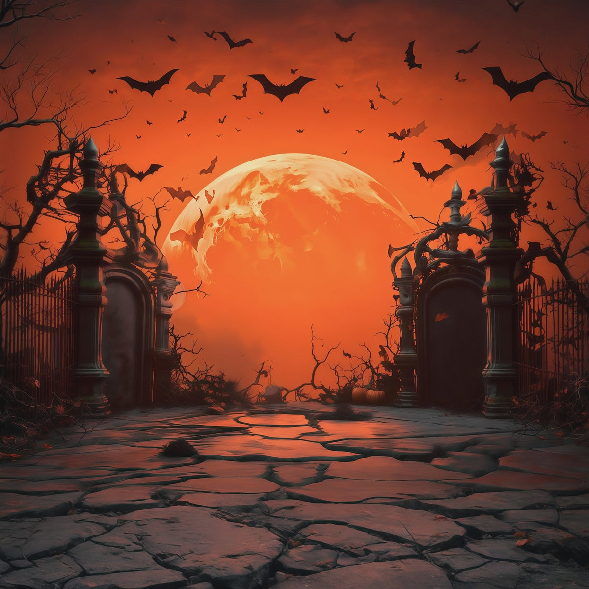 Décor De Fond Halloween Lune Orange Porte De Cimetière Décors Photos Halloween RR67-8