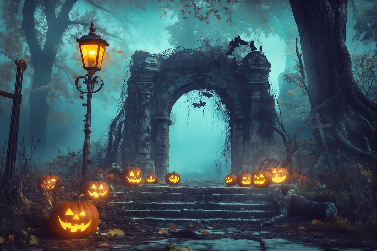 Décor De Forêt D'Halloween Avec CitrouilleA rche En PieRRe Et Brouillard Décor Vintage D'Halloween RR67-82