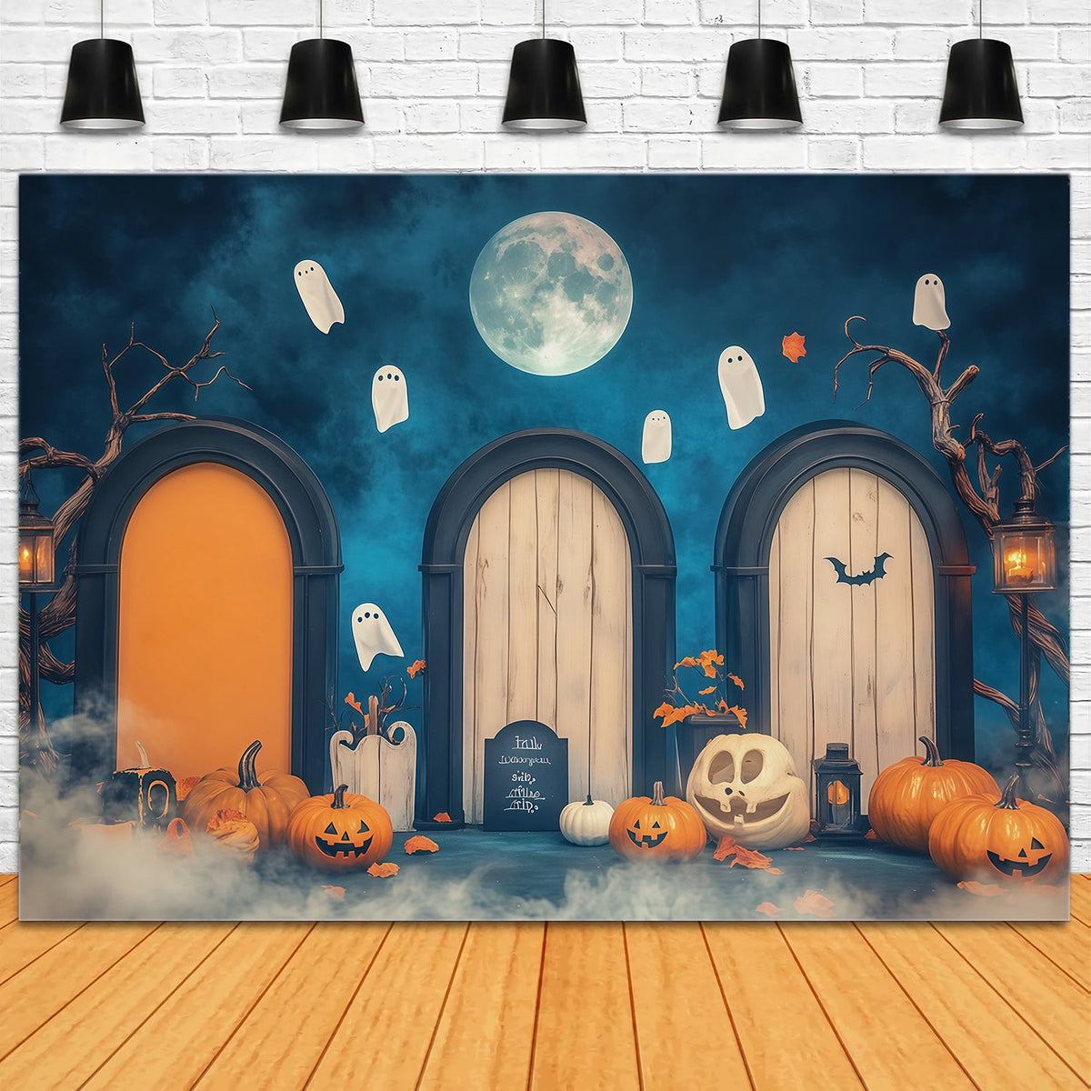 Arche D'Halloween En Toile De FondPorte Fantôme Éclairée Par La Lune Citrouilles Grands Décors D'Halloween RR67-83