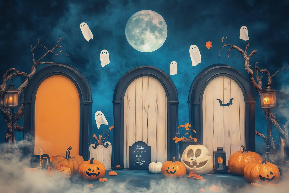 Arche D'Halloween En Toile De FondPorte Fantôme Éclairée Par La Lune Citrouilles Grands Décors D'Halloween RR67-83