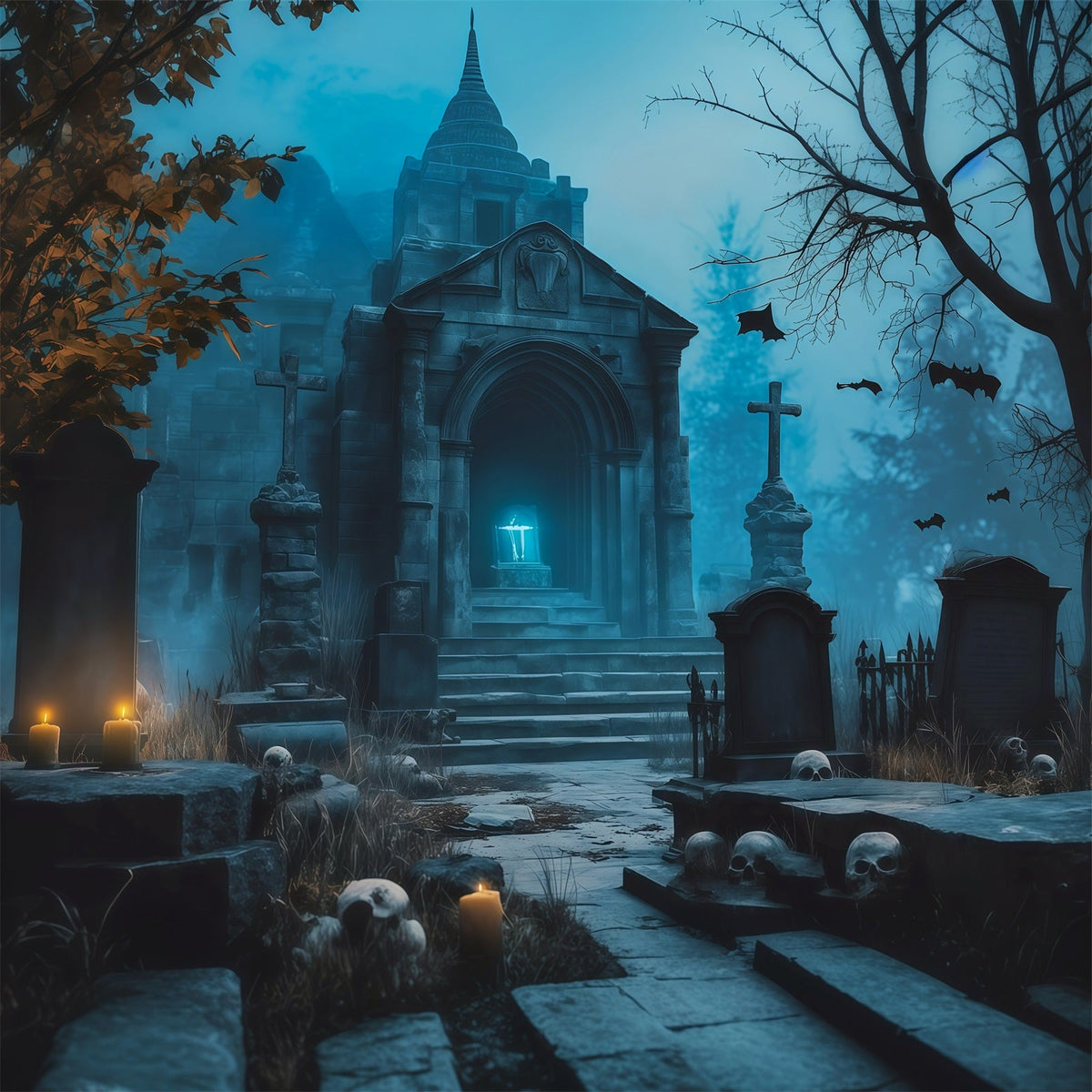 Décor De Fond En Tissu Pour Halloween Crypte Bleue Bougies Tombes Cimetière Décors D'Halloween RR67-93