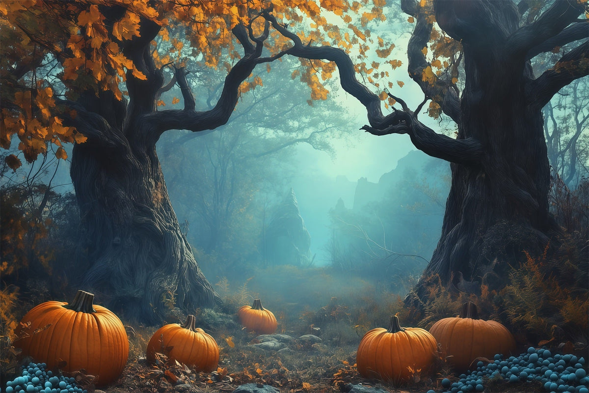 Idées De Décors Photo Pour Une Fête D'Halloween Chemin Forestier Brumeux Et Citrouilles Décor RR67-95