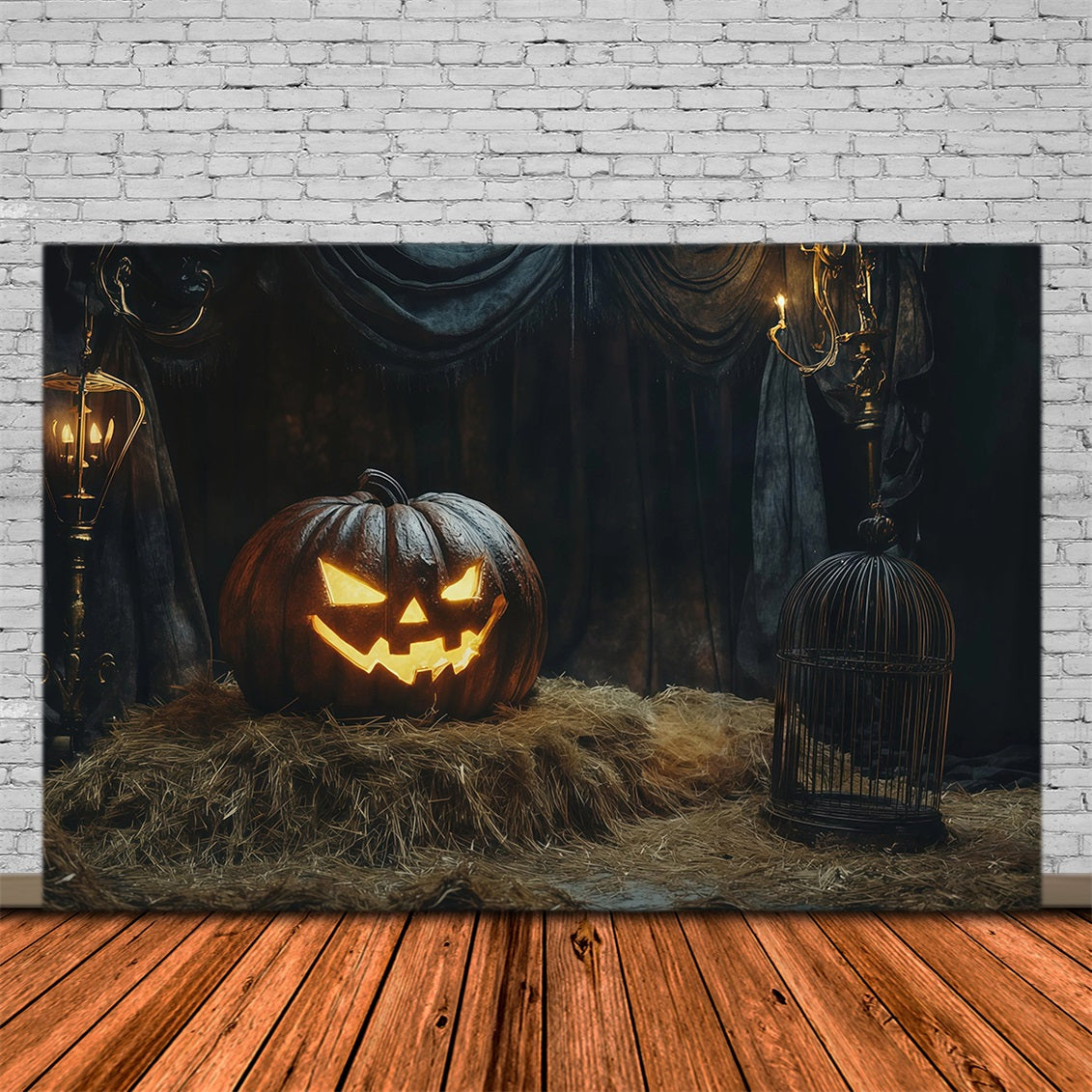 Décor De Scène D'Halloween Citrouilles Lumineuses Et FoinDécor Pour Halloween RR67-96