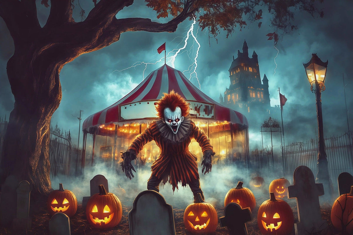 Toile De Fond D'Halloween Avec ClownCimetière De Cirque Effrayant Et Citrouille RR67-99