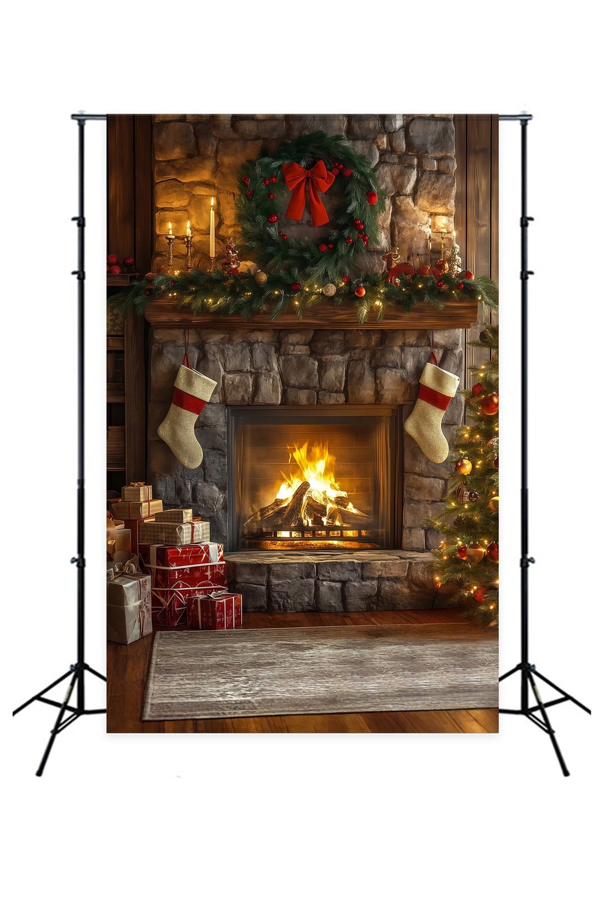 Fond De Cheminée De Noël Décoration De Guirlande Pour Cheminée En Pierre Décors De Noël RR68-62