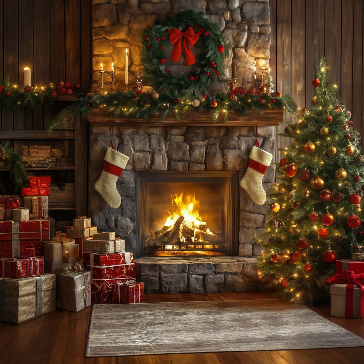Fond De Cheminée De Noël Décoration De Guirlande Pour Cheminée En Pierre Décors De Noël RR68-62